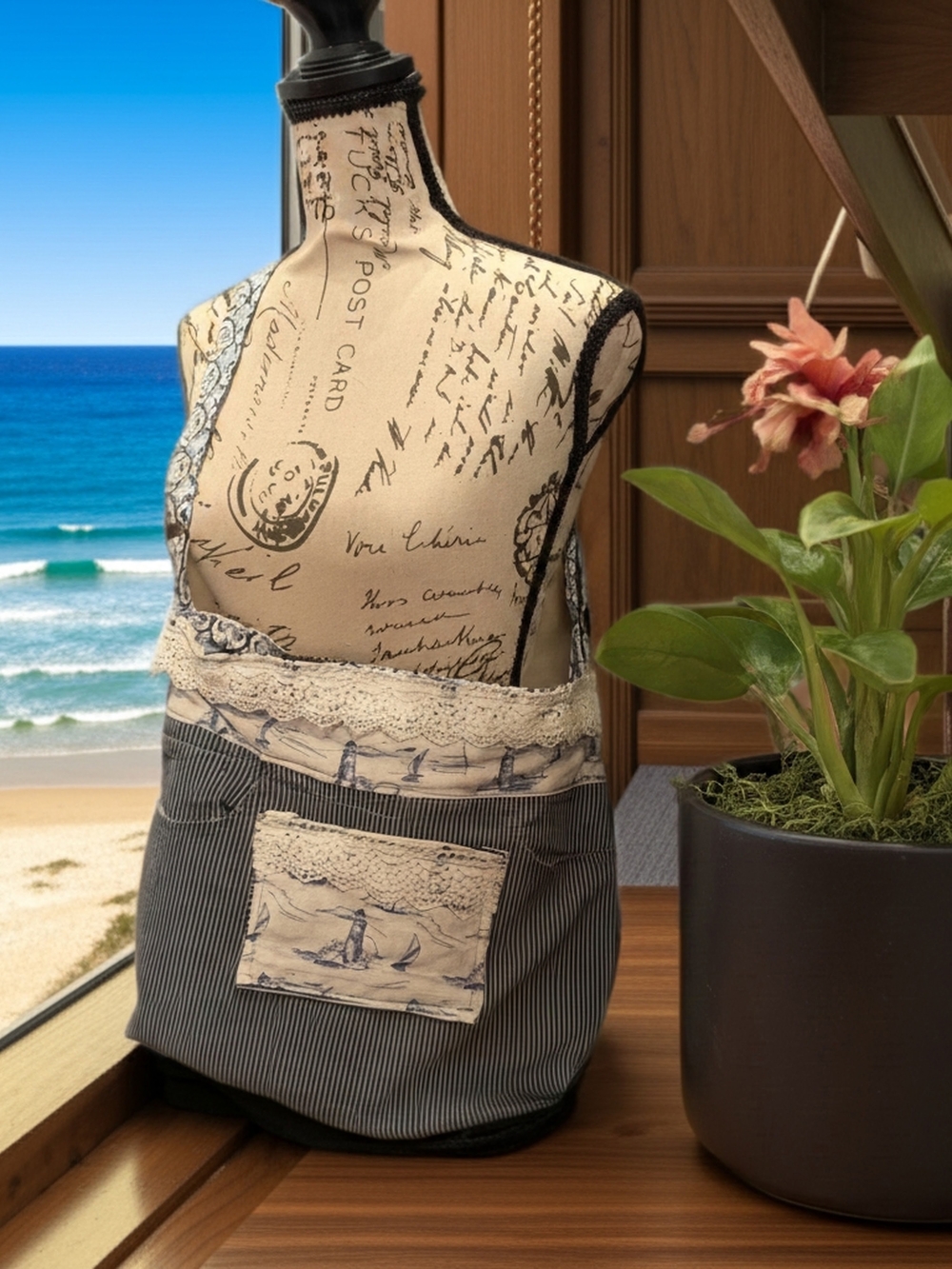 Navy Striped Bag/purse with Sailboat Pocket and Lace Trim